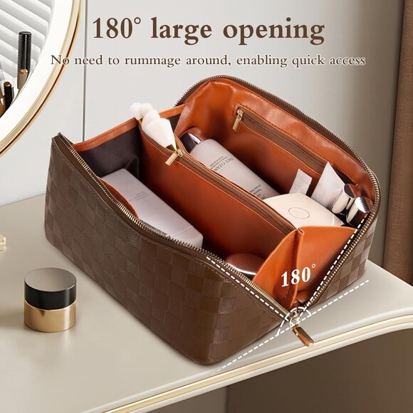 Women Brown Cosmetic Bags Travel Essentials Waterproof Portable Pouch Makeup Bag - Picture 4 of 9